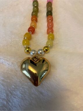 Gold Heart Pendant Beaded Necklace - Multicolor